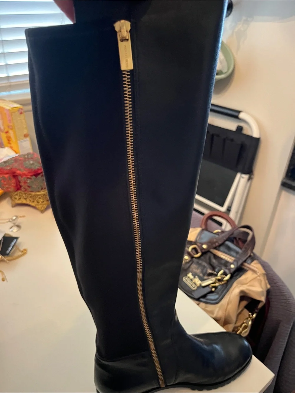 Michael Kors Tall Black Leather Zip-Back Riding Boots NEW